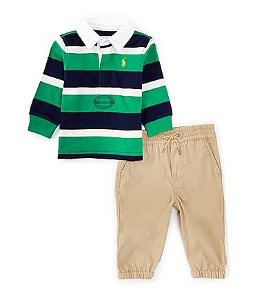 Image of Ralph Lauren Baby Boys 3-24 Months Long Sleeve Striped Jersey Rugby Shirt & Solid Poplin Pant Set