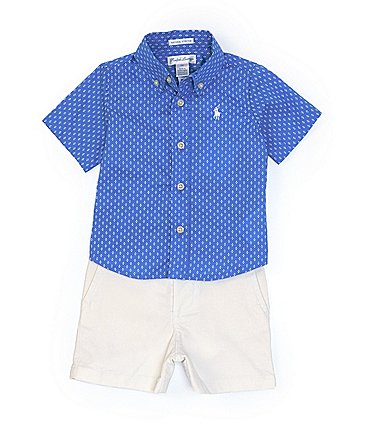 Image of Ralph Lauren Baby Boys 3-24 Months Short-Sleeve Geometric-Printed Poplin Shirt & Solid Chino Short Set