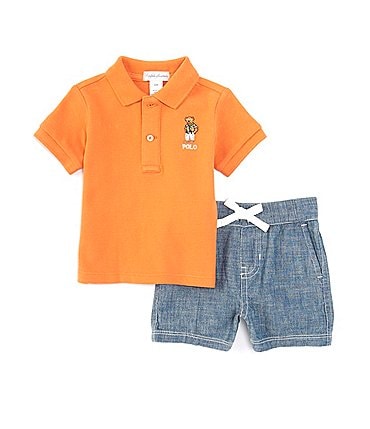 Image of Ralph Lauren Baby Boys 3-24 Months Short Sleeve Polo Bear Polo Shirt & Chambray Shorts Set