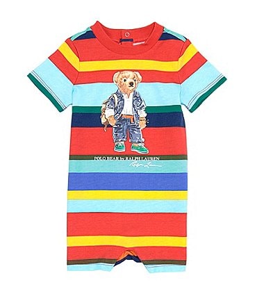 Image of Ralph Lauren Baby Boys 3-24 Months Short Sleeve Polo Bear Striped Shortalls