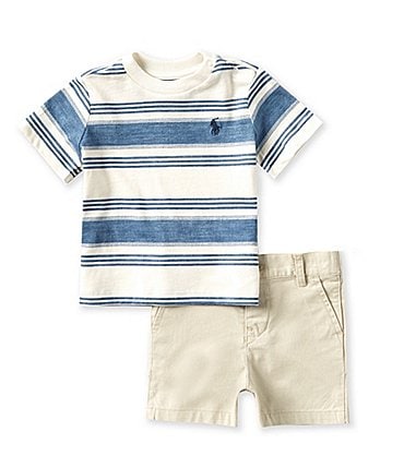 Image of Ralph Lauren Baby Boys 3-24 Months Short Sleeve Striped Jersey T-Shirt & Chino Shorts Set