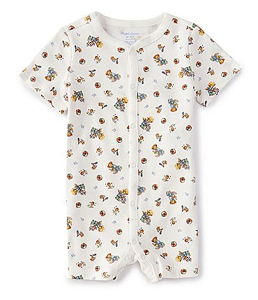 Image of Ralph Lauren Baby Boys 3-9 Months Polo Bear Garden Print Short Sleeve Shortall