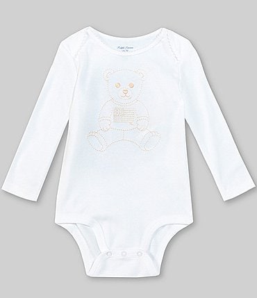 Image of Ralph Lauren Baby Girls 3-12 Months Long-Sleeve Embroidered Polo Bear Bodysuit