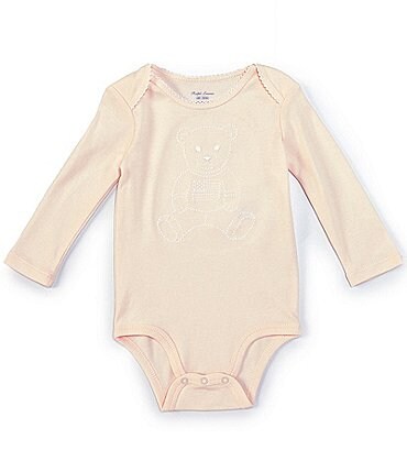 Image of Ralph Lauren Baby Girls 3-12 Months Long-Sleeve Embroidered Polo Bear Bodysuit