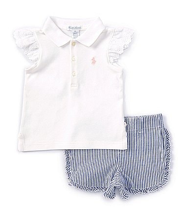Image of Ralph Lauren Baby Girls 3-24 Months Flutter-Sleeve Mesh Polo Shirt & Seersucker Short Set