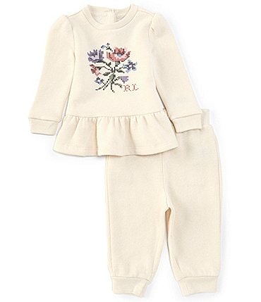 Image of Ralph Lauren Baby Girls 3-24 Months Long-Sleeve Floral Graphic Peached Fleece Sweatshirt & Jogger Pant Set