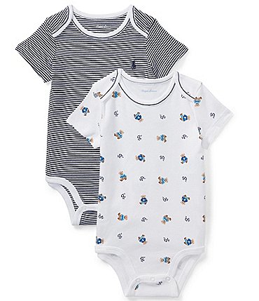 Image of Ralph Lauren Baby Boys Newborn-12 Months Stripe & Bear Printed Short Sleeve Bodysuit 2-Pack