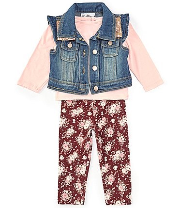 Image of Rare Editions Baby Girls 12-24 Months Sleeveless Embellished-Yoke Denim Vest, Long-Sleeve T-Shirt &  Printed Leggings Set