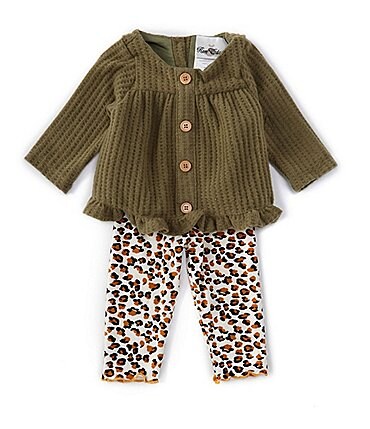 Image of Rare Editions Baby Girls 3-24 Month Long Sleeve Button Front Ruffle Top & Brush Knit Leggings 2-Piece Set