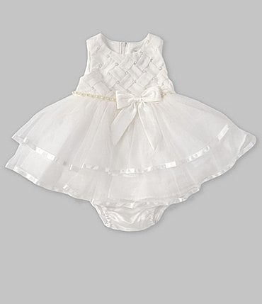 Image of Rare Editions Baby Girls 3-24 Months Short Sleeve Basket Weave Chiffon Bodice/Satin-Trimmed Mesh Fit-And-Flare Dress