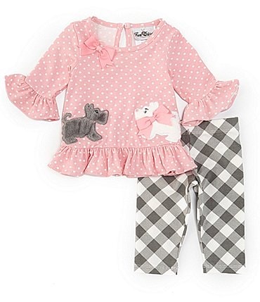 Image of Rare Editions Baby Girls 3-24 Months Bell-Sleeve Scottie Dog Dotted Tunic Top & Plaid Leggings Set