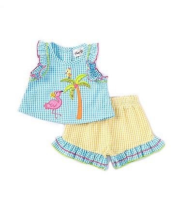Image of Rare Editions Baby Girls 3-24 Months Cap Sleeve Checked Flamingo/Palm Tree Designed Seersucker Top & Coordinating Shorts Set