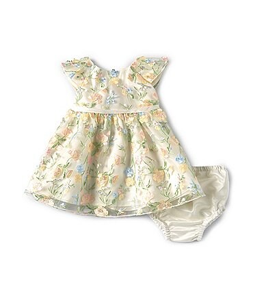 Image of Rare Editions Baby Girls 3-24 Months Floral Embroidered Glitter-Accented Mesh Fit & Flare Dress