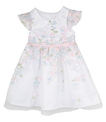Image of Rare Editions Baby Girls 3-24 Months Floral Embroidered Glitter-Accented Mesh Fit & Flare Dress