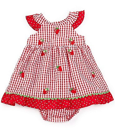 Image of Rare Editions Baby Girls 3-24 Months Flutter Sleeve Strawberry-Schiffli-Embroidered Checked Seersucker Fit & Flare Dress