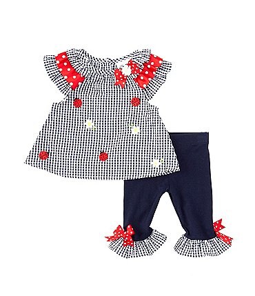 Image of Rare Editions Baby Girls 3-24 Months Ladybug/Daisy Shiffli-Embroidered Checked Seersucker Top & Ruffle-Hem Leg Leggings Set
