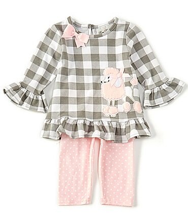 Image of Rare Editions Baby Girls 3-24 Months Long-Sleeve Gingham Poodle Applique Top & Dotted Leggings Set
