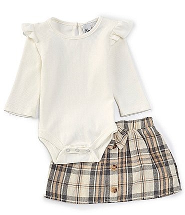 Image of Rare Editions Baby Girls 3-24 Months Long-Sleeve Rib-Knit Bodysuit & Plaid Woven Skirt Set