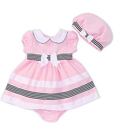 Image of Rare Editions Baby Girls 3-24 Months Puff Short-Sleeve Round Collar Pleated Stripe Dress, Coordinating Hat & Bloomer Set