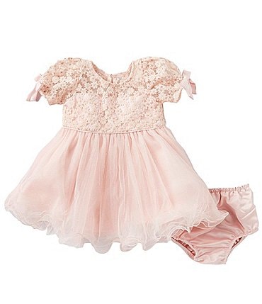 Image of Rare Editions Baby Girls 3-24 Months Puff Sleeve Embroidered/Foiled/Mesh Fit & Flare Dress
