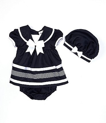Image of Rare Editions Baby Girls 3-24 Months Short Sleeve Nautical Sailor Dress & Hat Set