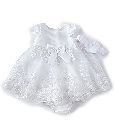 Image of Rare Editions Baby Girls 3-24 Months Solid Satin/Embellished Embroidered Skirted Dress, Panty & Flower Headband Set