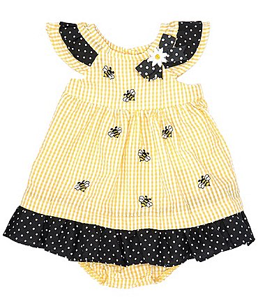Image of Rare Editions Baby Girls Newborn-24 Months Flutter Sleeve Embroidered Bee Schiffly Printed Seersucker Dress