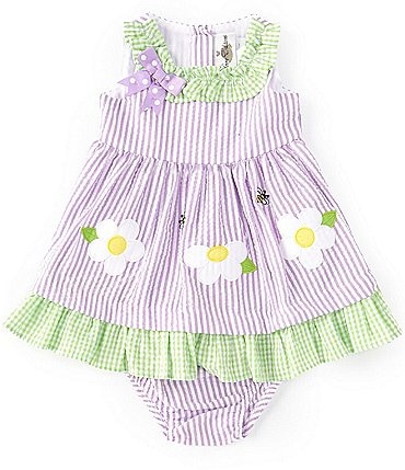 Image of Rare Editions Baby Girls 3-24 Months Sleeveless Flower Applique Ruffled Seersucker Dress & Matching Bloomer