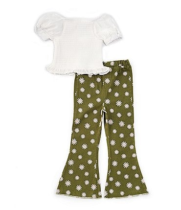 Image of Rare Editions Little Girls 2T-6X Puffed Sleeve Solid Rib-Knit Top & Flower-Printed Flare Leg Leggings