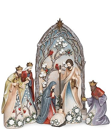 Image of Roman 10"H 7-Piece Nativity Blossom Holly and Poinsettia Arched Backdrop Set