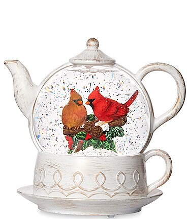 Image of Roman 8" Cardinal with Holly and Pine LED Swirl Teapot