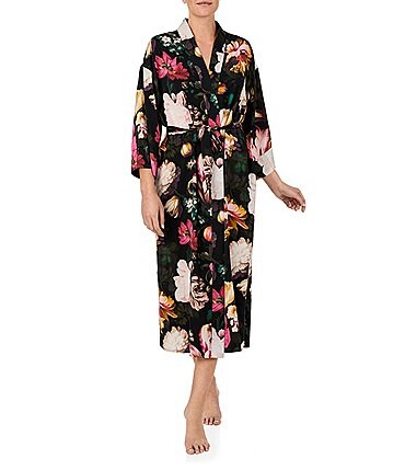 Image of Room Service Satin Floral Print 3/4 Sleeve Coordinating Maxi Robe
