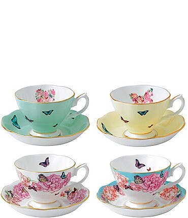 Image of Royal Albert Mixed Patterns Teacup & Saucer, Set of Four (Blessings, Devotion, Gratitude & Joy)