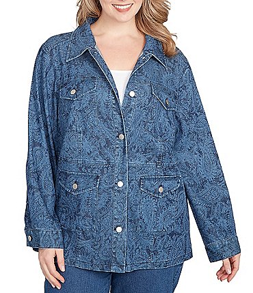 Image of Ruby Rd. Plus Size Paisley Point Collar Long Sleeve Button Front Denim Jacket