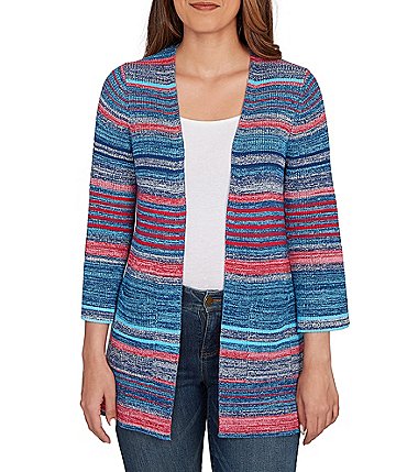 Image of Ruby Rd. Rib Knit Stripe 3/4 Sleeve Pocketed Open-Front Cardigan