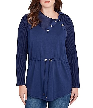 Image of Ruby Rd. Solid Mixed Media Cowl Neck Snap Detail Long Sleeve Drawstring Waist Top