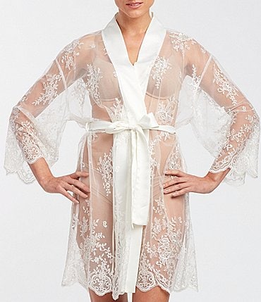 Image of Rya Collection Allover Lace Banded Neck 3/4 Sleeve Short Wrap Robe