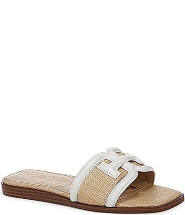 Image of Sam Edelman Irina Leather and Raffia Double E Logo Flat Slide Sandals