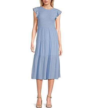Image of Blu Pepper Short Flutter Sleeve Smocked Tiered Midi Dress