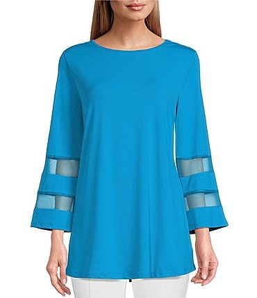 Image of Slim Factor By Investments Crew Neck 3/4 Flared Mesh Insert Sleeve Coordinating Knit Top