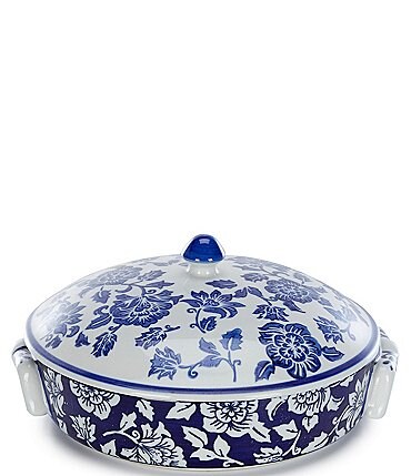 Image of Southern Living Blue & White Collection Chinoiserie Round Baker and Lid, Boxed