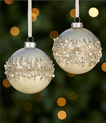 Image of Southern Living Blue Christmas Collection Beaded Band Glass Ball Ornament, Set of 2