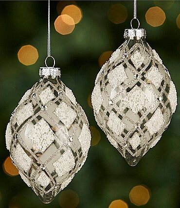 Image of Southern Living Blue Christmas Collection Diamond Patterned Drop Glass Ornament Set