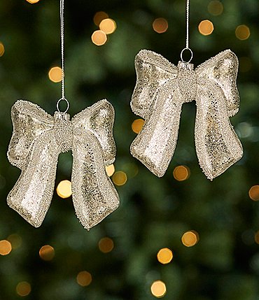 Image of Southern Living Blue Christmas Collection Glitter Bow Glass Ornament Set