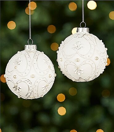Image of Southern Living Blue Christmas Collection Pearl Heart Glass Ball Ornament, Set of 2