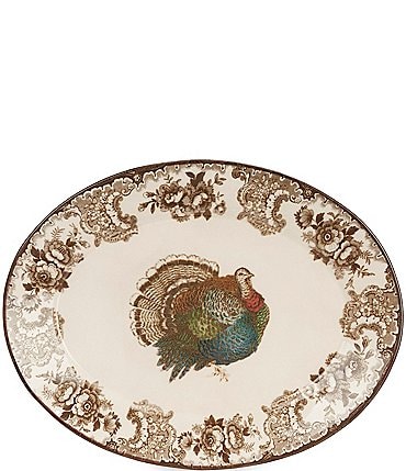 Image of Southern Living Festive Fall Wetland Turkey Toile Oval Platter with Brown Rim