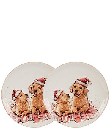 Image of Southern Living Holiday Golden Retriever Puppies with Santa Hat Accent Plates, Set of 2