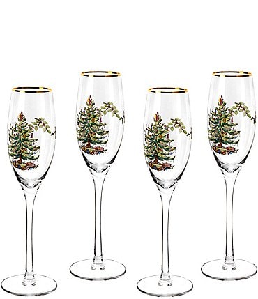Image of Spode Christmas Tree Champagne Fluted Glasses Set of 4