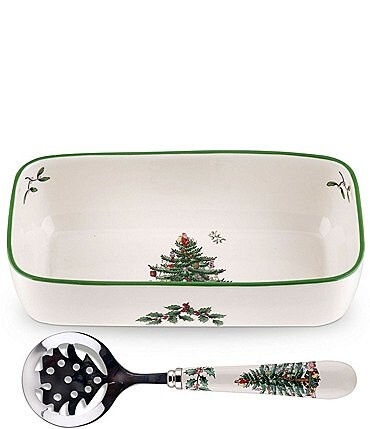 Image of Spode Christmas Tree China 8.5" Cranberry Server with 6.5" Slot Spoon
