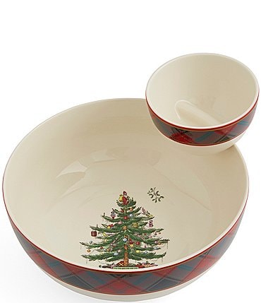 Image of Spode Christmas Tree Chip & Dip Tartan Tiered Server